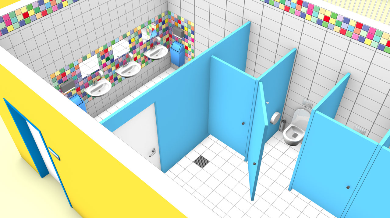 3D-Greifik einer Beispieltoilette in der Schule